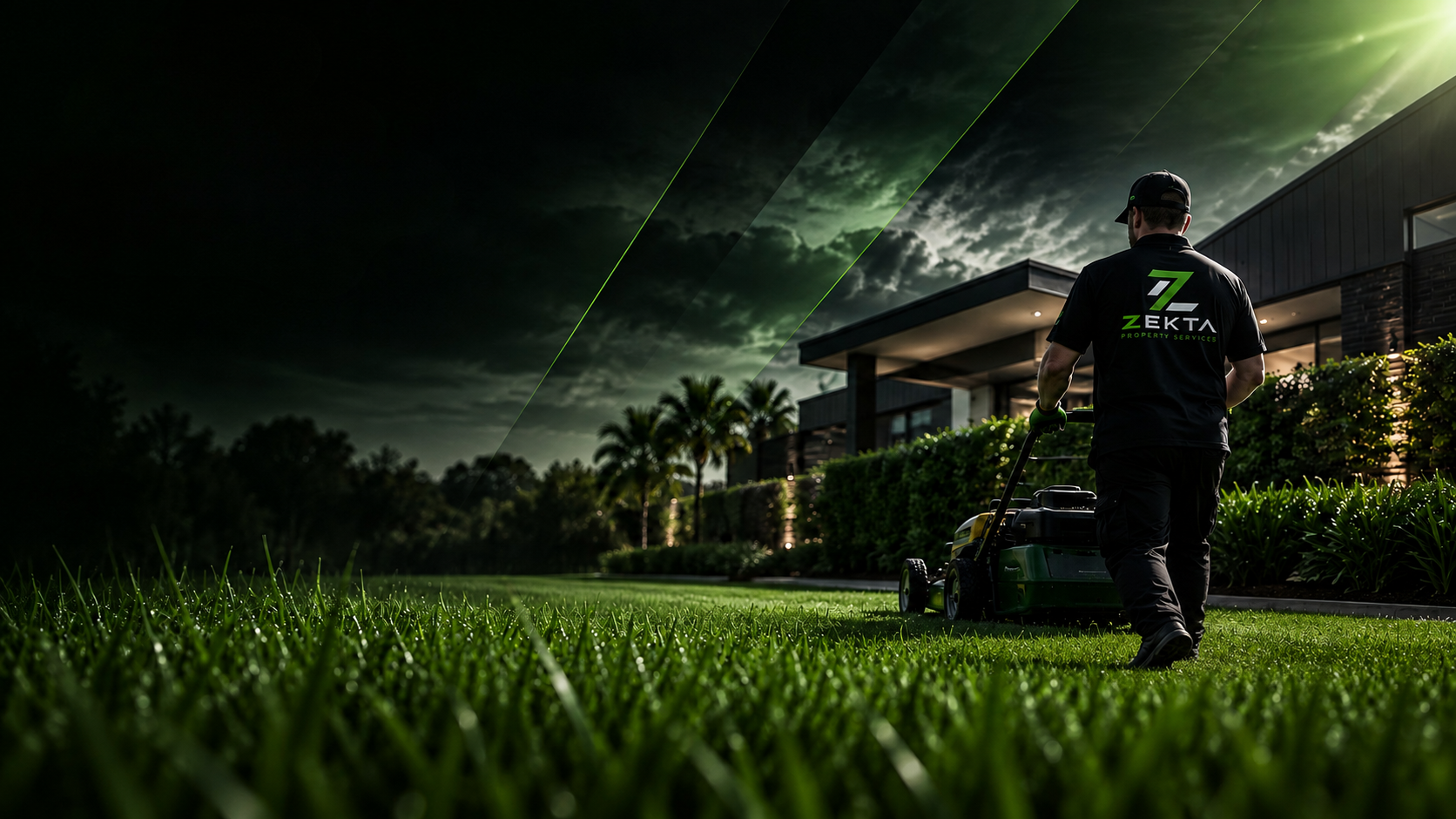 Zekta team member mowing a well-kept Toowoomba lawn at dusk